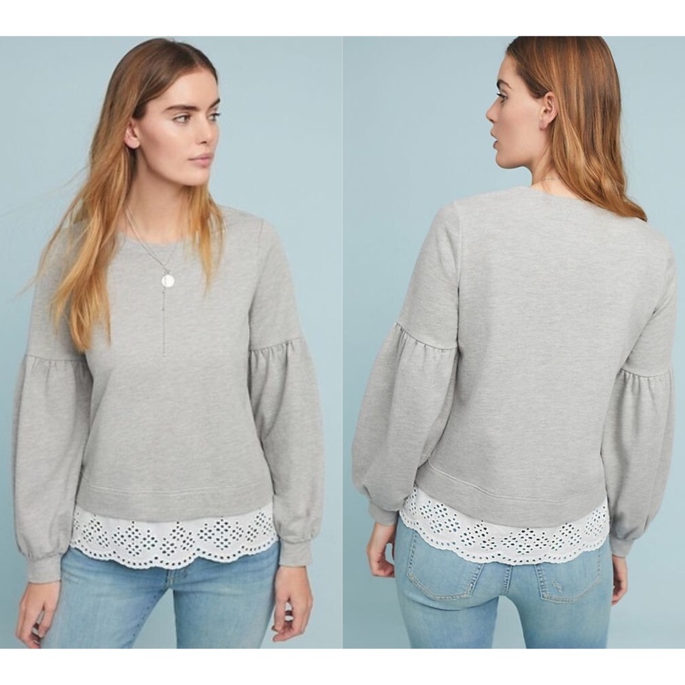 Anthropologie Puff Balloon Sleeve Sweatshirt Eyelet Lace Hem‎ Small